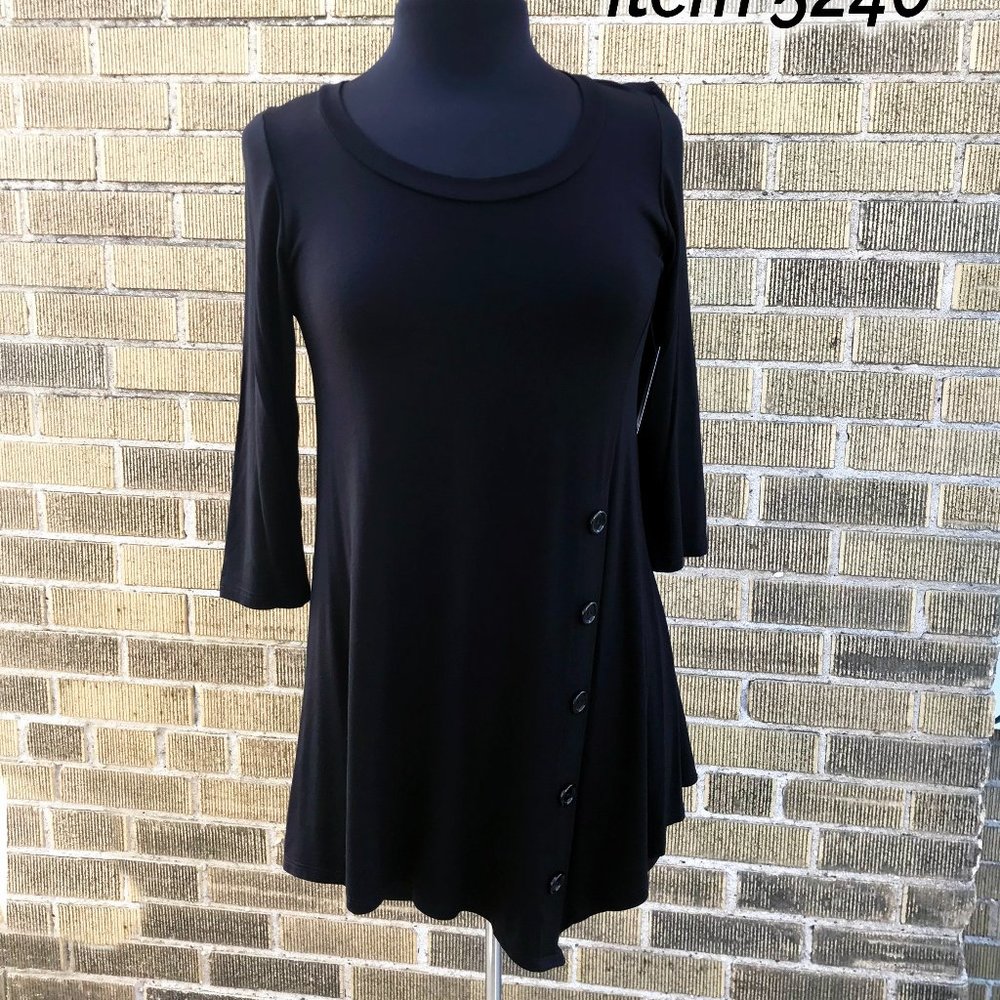 Black Button Trimmed 3/4 Sleeve Tunic with Asymetrical Hem